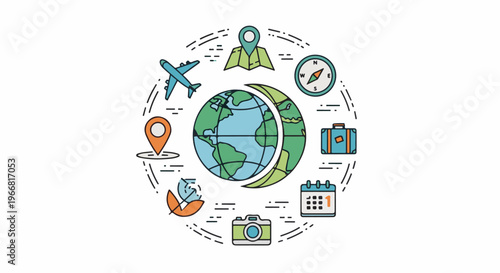 Round travel collage featuring globe, airplane, suitcase, map, compass