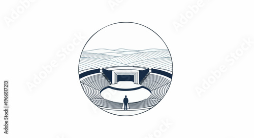 Silhouette stands in ancient amphitheater overlooking rolling hills