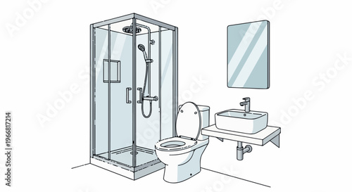Minimalist bathroom scene with a shower stall, toilet, and sink