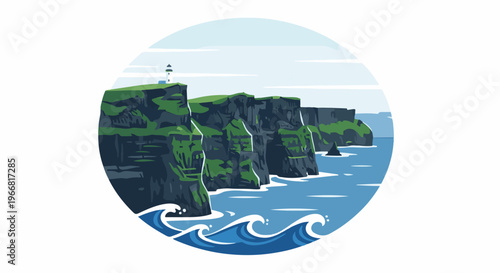 Lush green cliffs meet the turbulent ocean waves near a distant lighthouse