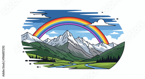 Majestic mountains under a vibrant rainbow and blue sky with clouds