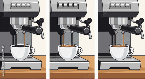 Espresso machine making coffee in a white cup, pixel art style