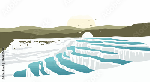 Pixelated cascading terraces filled with turquoise water under a soft sun