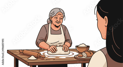 Older woman teaching a younger person baking in kitchen