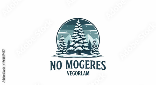 Snowy evergreen forest with mountains and text