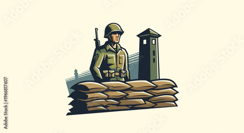 Soldier at sandbag barricade with watchtower in background