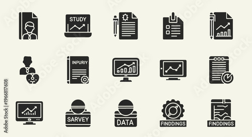 Icons representing research, data analysis, and business processes