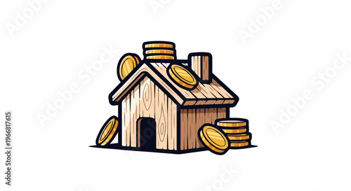 Cartoon wooden house with stacks of gold coins scattered around it