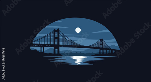 Pixelated suspension bridge silhouette crosses moonlit water at night