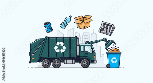 Recycling truck collecting waste, with cityscape in background