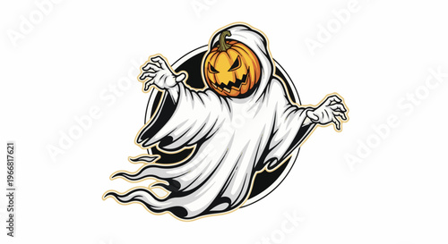 Spooky ghost with jack-o'-lantern head floating with spectral wisps