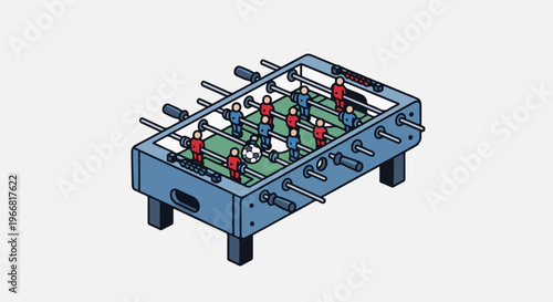 Isometric illustration of a tabletop foosball game with red and blue figures