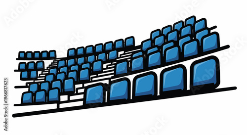 Rows of blue stadium seats ascend in perspective against a white background