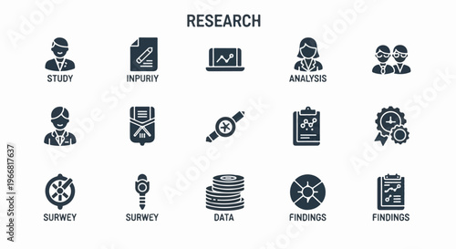 Icons depicting various aspects of research, analysis, and data