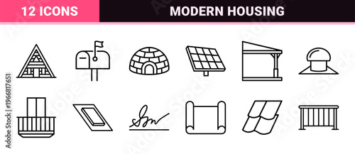 Minimalist monoline residential architecture and real estate icon set featuring geometric line art for modern property management apps.