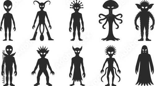 Alien silhouettes collection spooky fantasy creatures monsters characters vector illustration isolated black figures set sci fi horror design bundle