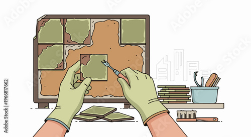 Hands in gloves removing old tiles from a wall with tools