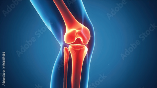 Illuminated Knee Joint: A vivid, anatomical illustration of a human knee joint, showcasing the intricate structure of bones and tissues. The radiant visualization highlights the anatomy.