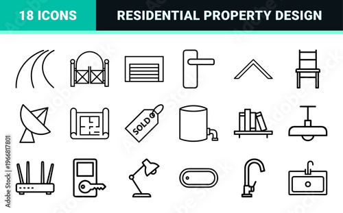 Residential real estate Minimalist monoline geometric line art icons for architectural planning and property management interface design.
