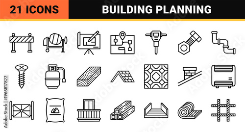 Architecture and Construction Engineering Monoline Outline Graphics for Professional Project Planning and Industrial Building Design.