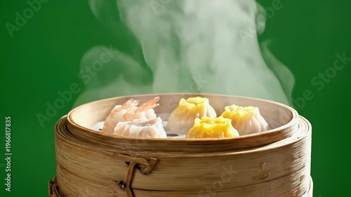 Steaming Dim Sum Displayed in a Bamboo Steamer