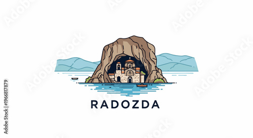 Stone church nestled in a cave by a calm lake with distant mountains