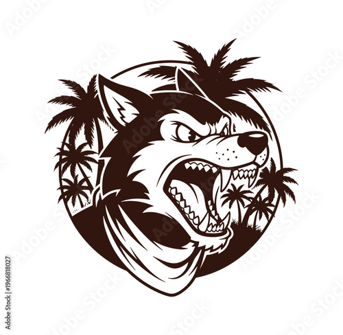 Brown husky dog head with open mouth and palm trees in circle tropical illustration
