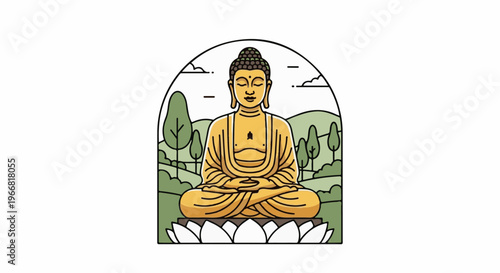 Golden Buddha sits in meditation on a lotus flower in a serene landscape