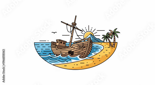 Shipwrecked vessel grounded on a tropical island beach with palm trees