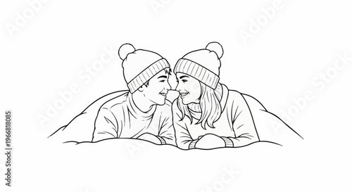 Couple in winter hats snuggled together under blankets, looking lovingly at each other