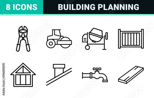 Minimalist monoline construction and architectural engineering symbols for technical documentation and industrial user interface design.
