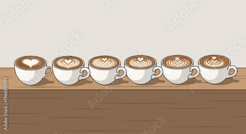 Six white cups with latte art sit on a wooden surface