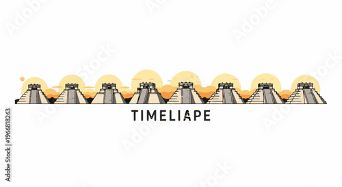 Row of ancient pyramid structures with suns and clouds in background