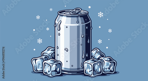 Frosted beverage can surrounded by ice cubes and snowflakes