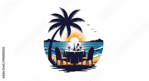 Romantic beachside dining at sunset with a palm tree and ocean view