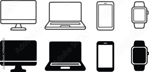 Collection of electronic device icons including computer monitor laptop smartphone and smartwatch