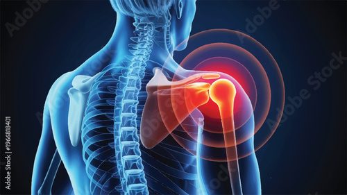 Shoulder Pain Depiction: A detailed medical illustration highlights the anatomy of a human shoulder, with vibrant visual cues indicating pain, inflammation, and potential injury to the joint.