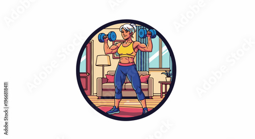 Fit senior woman exercising indoors with dumbbells in her living room