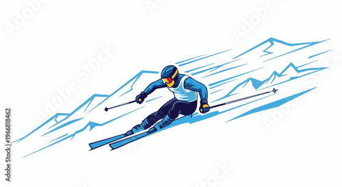 Dynamic illustration of a skier racing down a snowy mountain slope