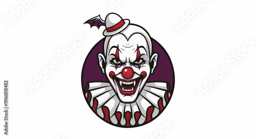Spooky clown with fangs, red nose, hat, and bat wing accent