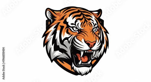 Fierce tiger head with open mouth and sharp teeth, orange and black stripes