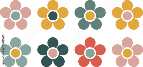 Hand-drawn inspired 2D flower set with pink, blue, yellow, and coral blooms flat decorative vector arrangement for design projects
