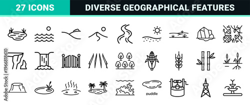 Minimalist Nature Landscape Line Art. High-clarity geometric outline icons for environmental mapping, travel wayfinding, and outdoor UI.