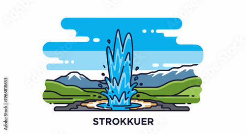 Stylized illustration of a powerful geyser erupting amidst a vibrant mountainous landscape