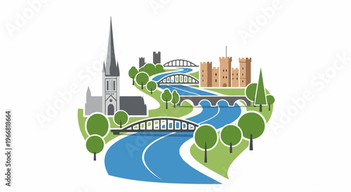 Stylized illustration of a river with bridges, a castle and a church