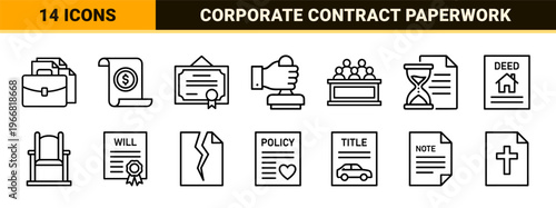 Minimalist legal document line icon set for professional law firm services, corporate contracts, official certification, and legislative paperwork.