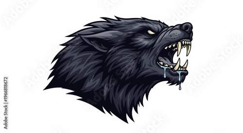 Ferocious black wolf head with bared teeth and drool