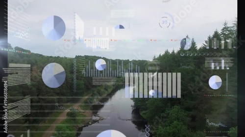 Camera advancing over river channel, HUD graphs and pie charts showing river metrics for monitoring