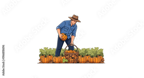 A farmer harvests pumpkins in a field, gathering the seasonal crop into a basket, representing autumn abundance and rural tradition.
