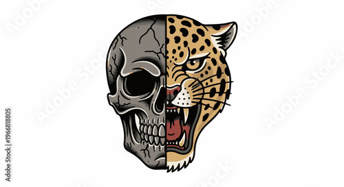 Dual-faced creature, half skull, half roaring leopard, stylized